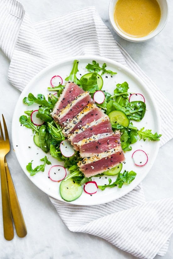 This panko-and-sesame crusted seared tuna on a bed of arugula and spinach, all topped with a wasabi butter sauce, takes Japanese food to whole new level!