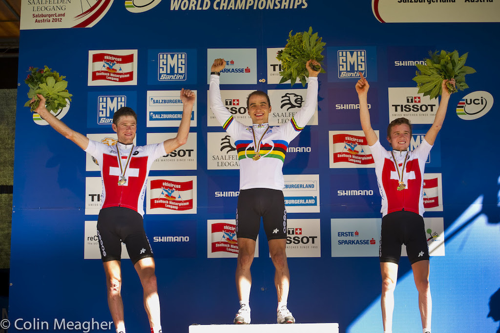 Elite Men s Podium L-R Lukas Fluckiger 2 Nino Schurter 1 and Matthias Fluckiger 2 