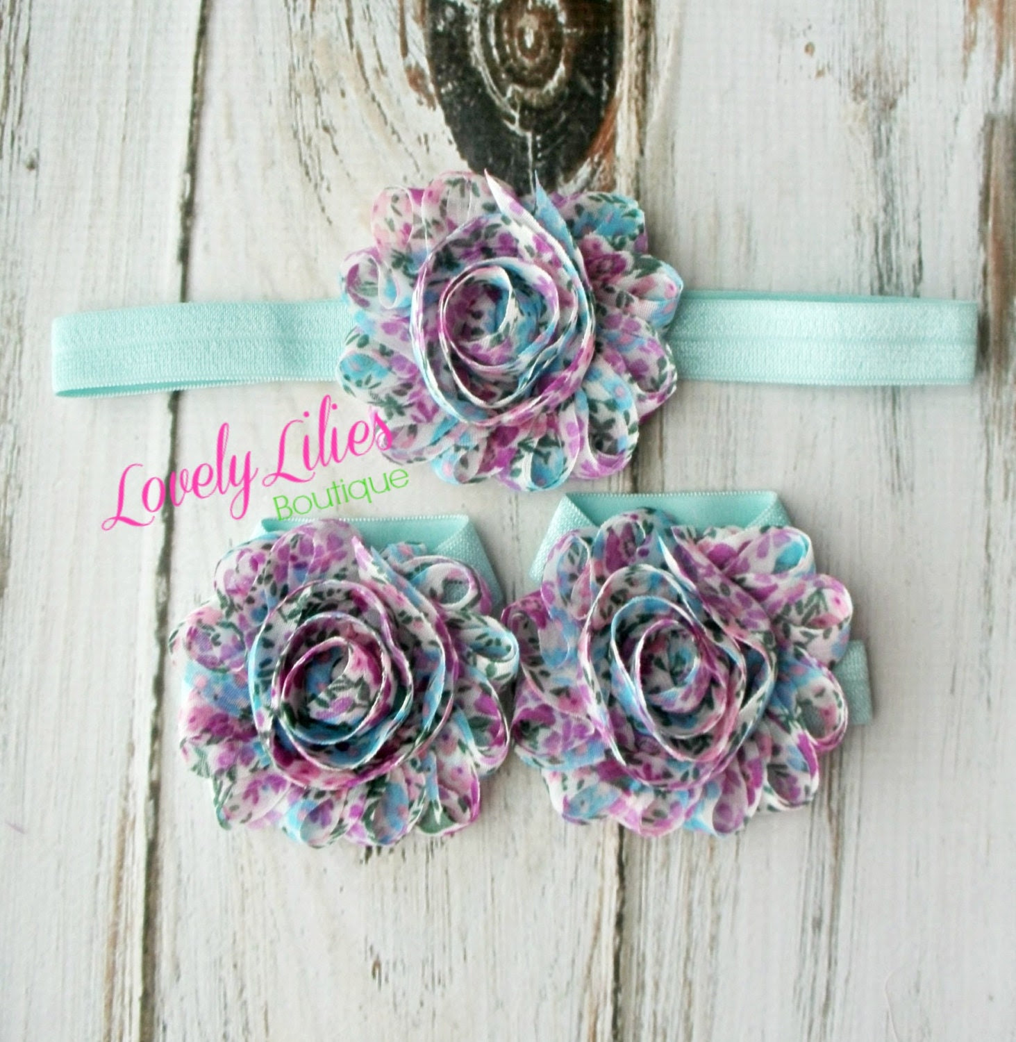Baby Headband .. Baby Barefoot Sandals .. Newborn Sandals.. Lavender and Aqua Floral .. Baby Flower Sandals