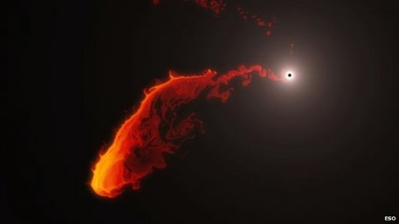 This simulation shows the possible behavior of a gas cloud that has been observed approaching the black hole at the center of the Milky Way. Graphic by ESO/MPE/Marc Schartmann.