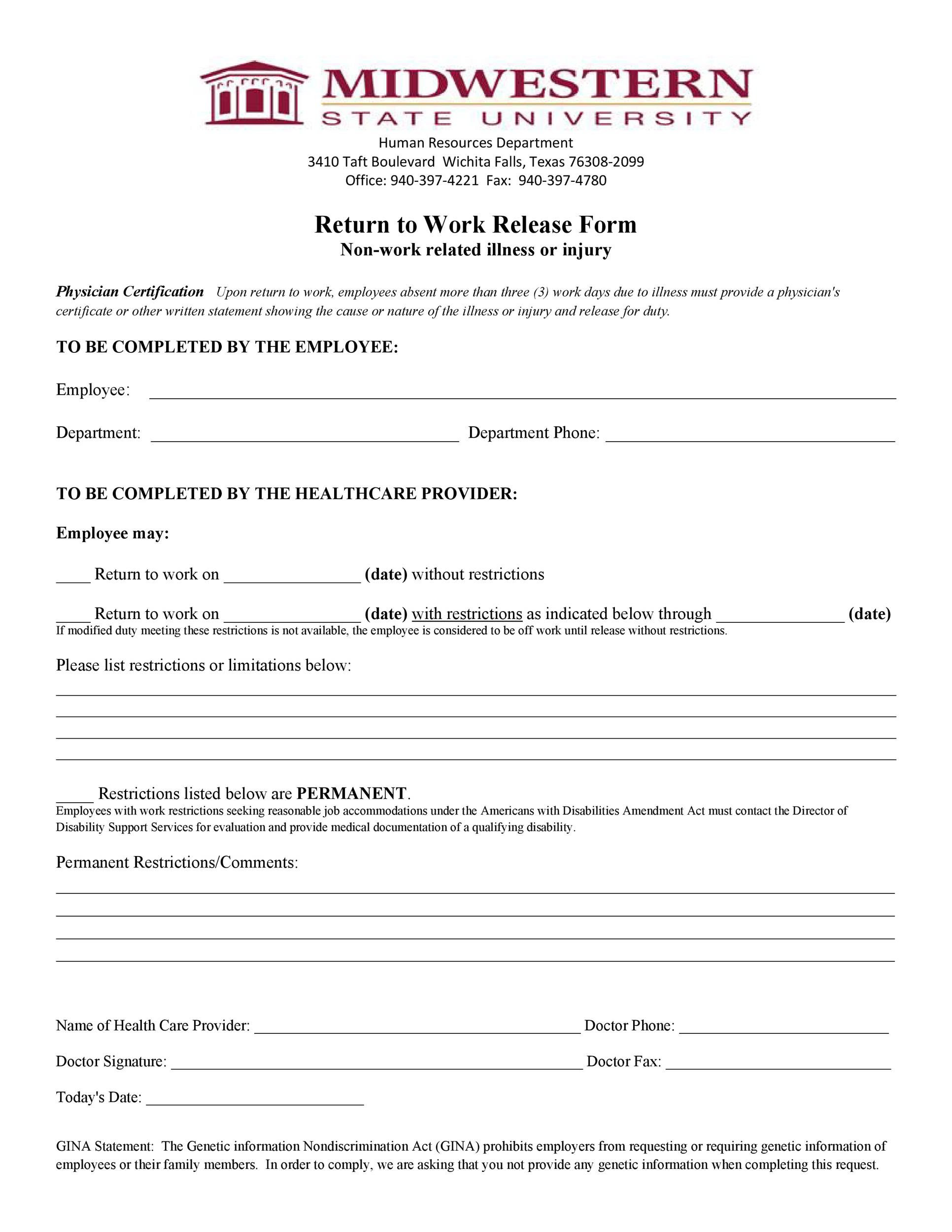 49 Best Return To Work & Work Release Forms ᐅ TemplateLab