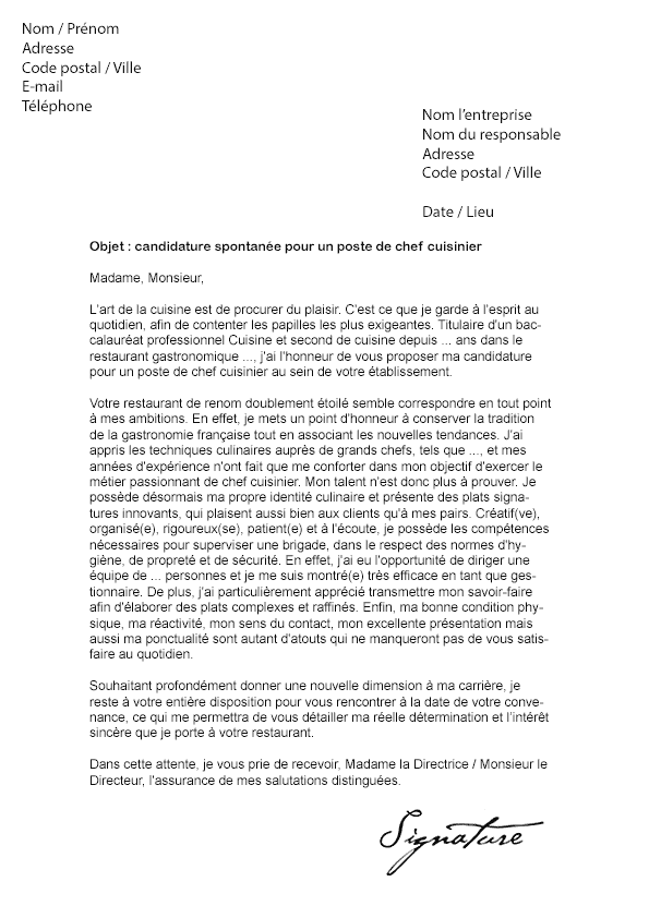 Lettre de motivation Chef cuisinier - Modèle de Lettre