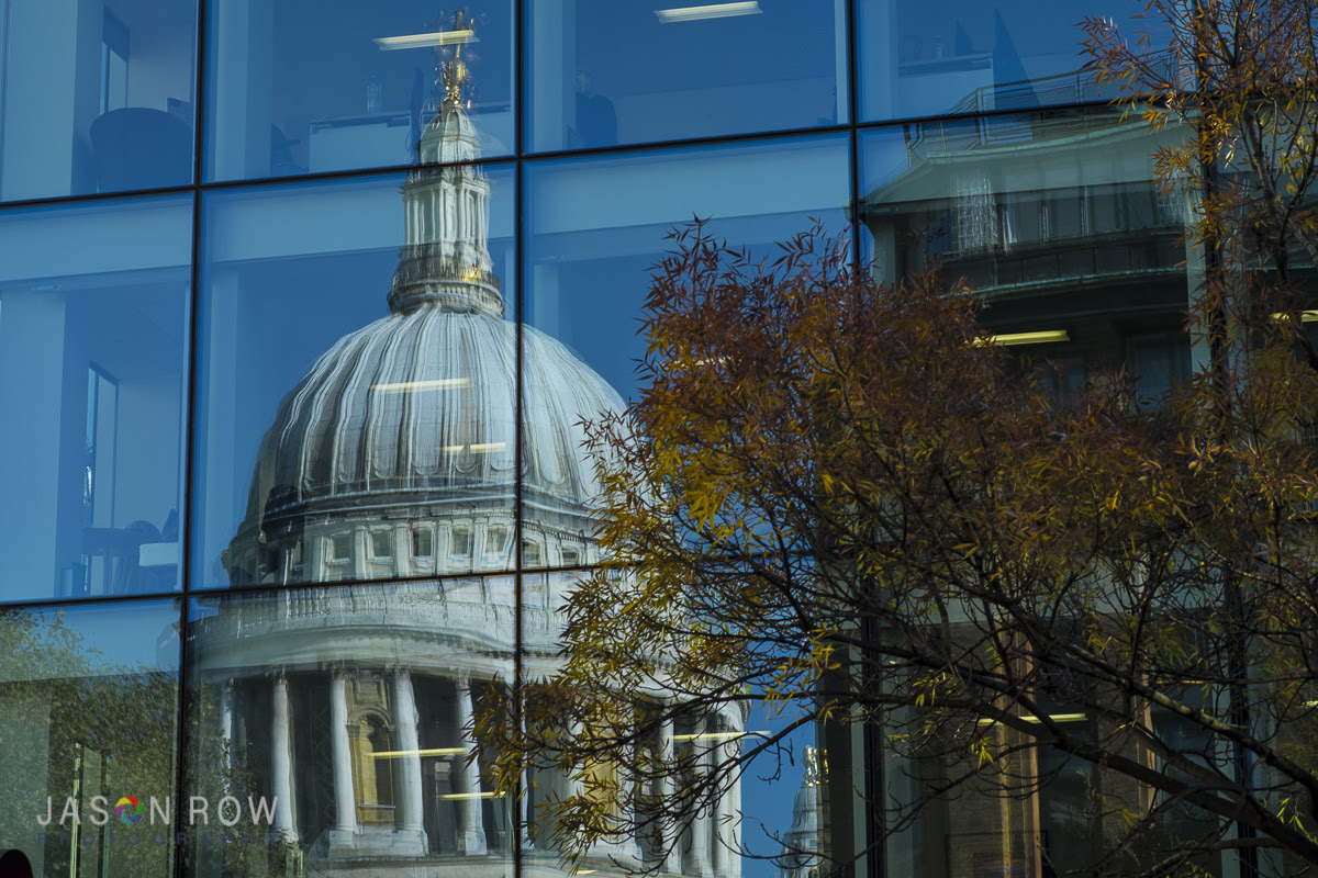 Refelctions of St Paul's Cathedral in a modern London Office Block. By Jason Row Photography