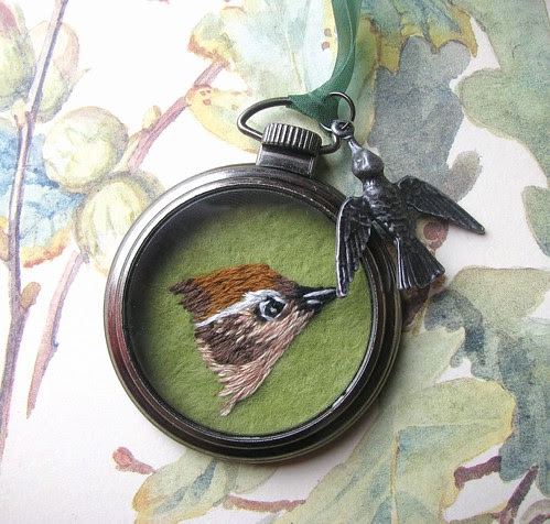 Hand Embroidered Wren Pocket Watch Pendant by Handmade and Heritage