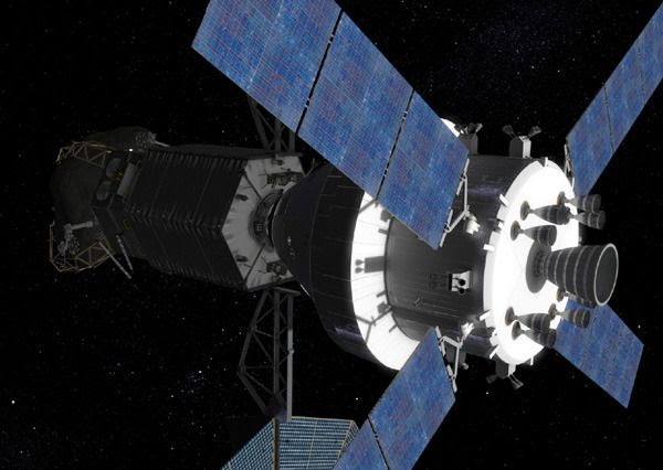 An artist's concept of an Orion Multi-Purpose Crew Vehicle docking with NASA's Asteroid Redirect Mission spacecraft.