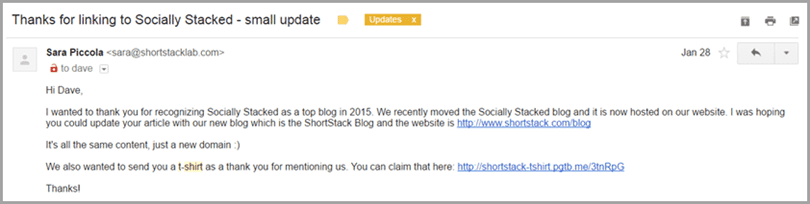 email I received at Socially Stacked image for engage influencers