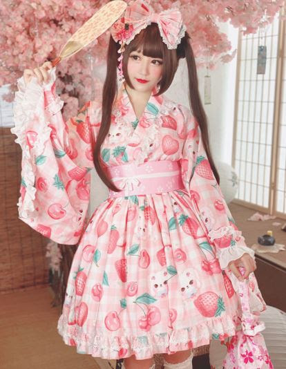 和ロリセットアップ 春夏 Diamondhoney チェリー いちご ストロベリー プリント かわいい フリル レース トップス スカート 2点セット 上下セット おしゃれ 和風 メイド風 浴衣 ロリータゴスロリ専門通販ショップluxury ラグジュアリー 安い価格で可愛いロリータ