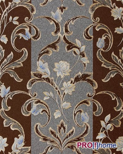EDEM 744-26 Opulente Barock Streifen Tapete blumen schmetterlinge schoko-braun silber-grau blau gold