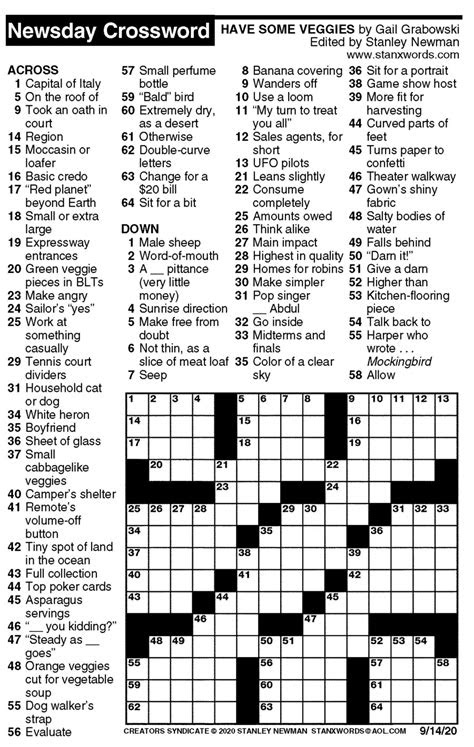  newsday crossword puzzle for sep 14 2020 by stanley newman creators