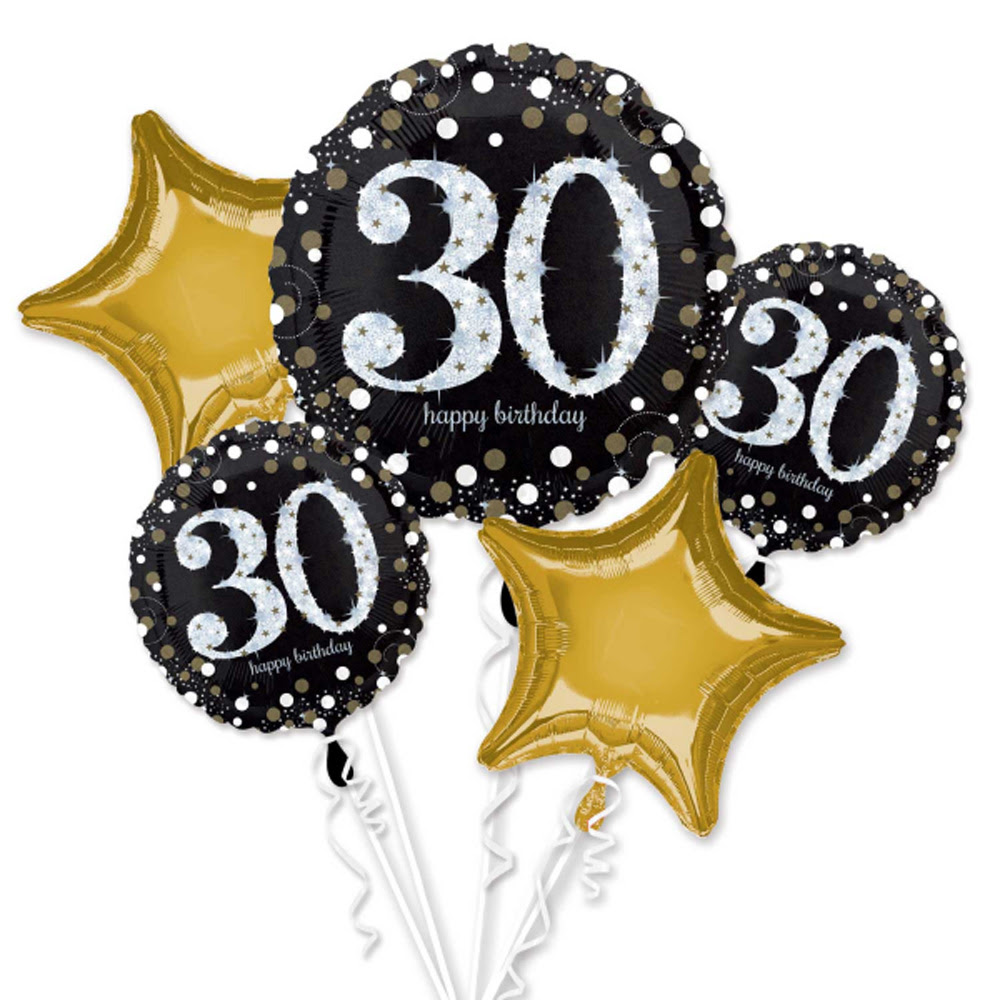  30th  Happy Birthday  Foil Balloon  Bouquet Black Silver Gold 