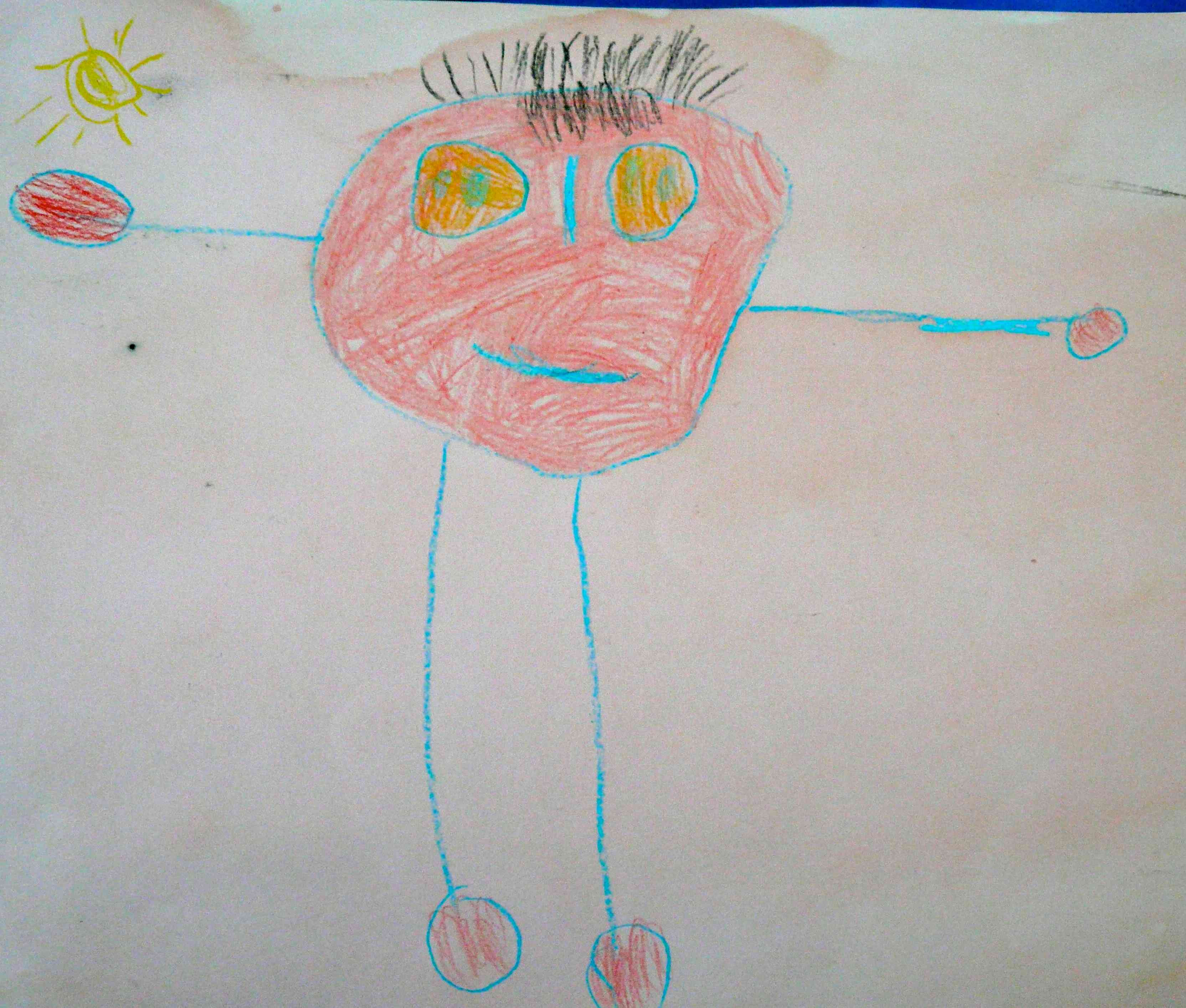 Nel disegno seguente eseguito da un bambino di 4 anni con la stessa tecnica del precedente notiamo un evoluzione La testa si differenzia dal corpo e le