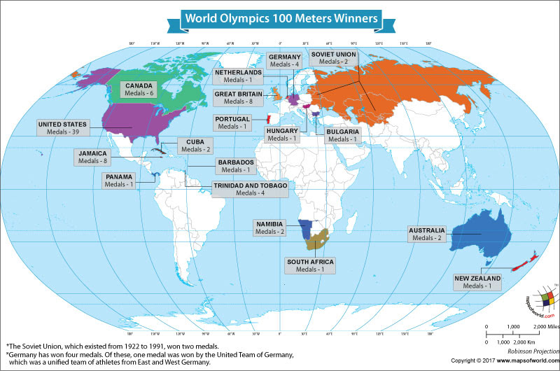 The 100 World Map Winners of the 100 Meters Race at the Olympics   Our World