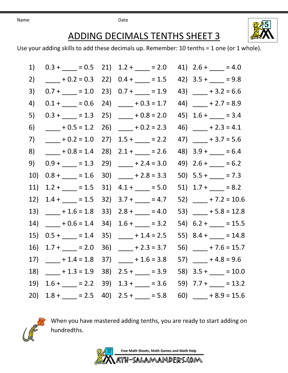 decimal decimals tenths adding in missing worksheets 3 addition  worksheets number