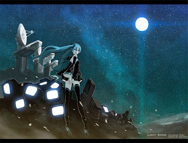 初音ミク 夜空の月とミクの綺麗なイラスト画像 ボカロ壁紙