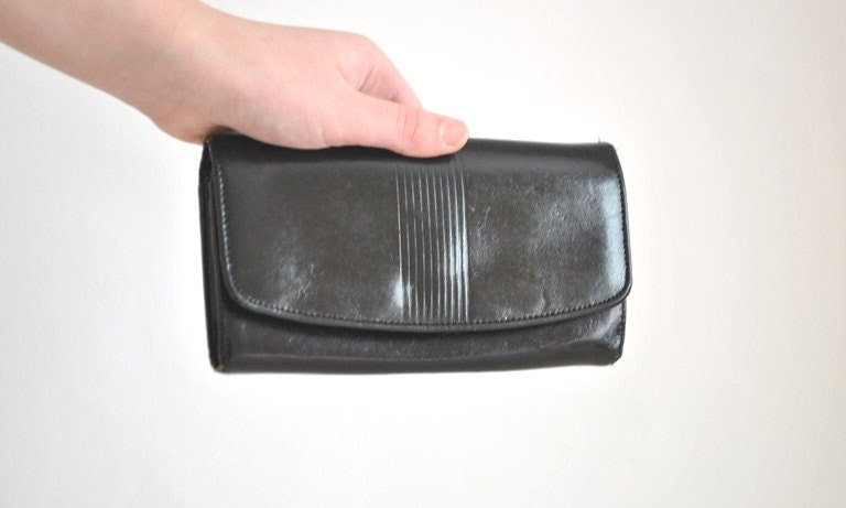 Vintage Black Real Leather Wallet / Purse - GuidouxVintage