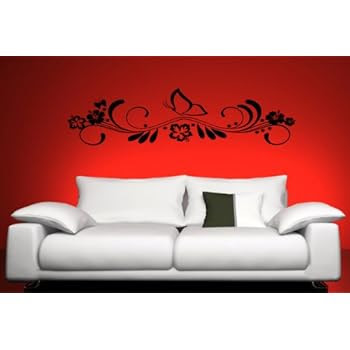 Autocollant 3018 mural Fleur Papillon couleur : Noir, très grand format, largeur : 120 cm, hauteur : 32 cm XXL, adhésif mural, sticker, autocollants muraux, décoration détachable. Moins cher que des images ou des peintures.