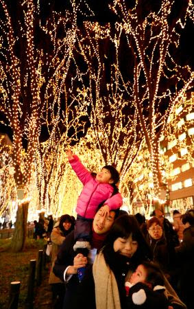 ６０万個の光 冬の仙台照らす 光のページェント が開幕 ｓｅｎｄａｉ光のページェント で ケヤキ並木を彩るイルミネーションを楽しむ親子 １４日夜 仙台市 四国新聞社