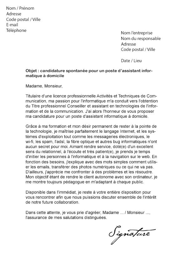 Lettre de motivation Assistant informatique à domicile 
