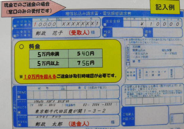 電信払込み 郵便局貯金窓口からゆうちょ銀行口座に現金で送金する方法