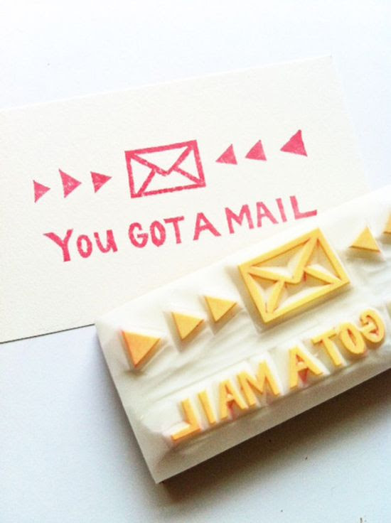 you got a mail hand carved rubber stamp - handmad rubber stamp - sending letters - mounted - READY TO SHIP. $15,00, via Etsy.
