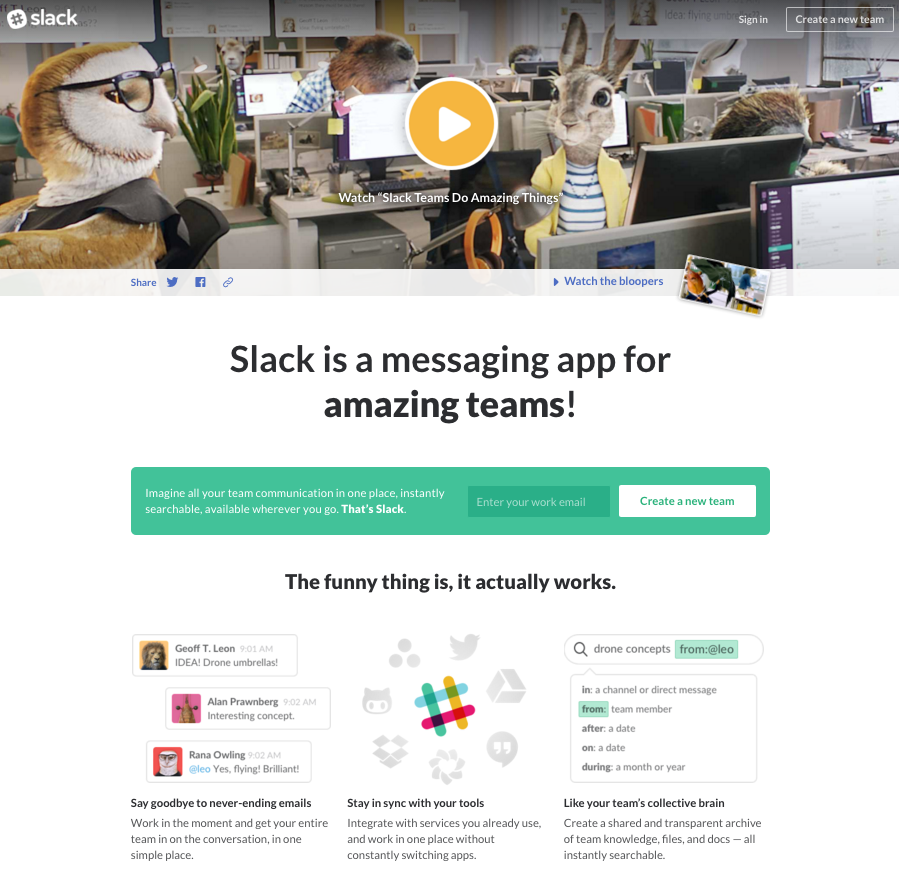 Slack animal video landing page