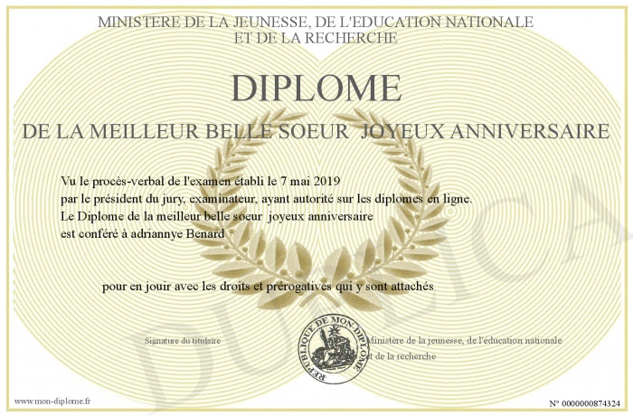 Diplome De La Meilleur Belle Soeur Joyeux Anniversaire