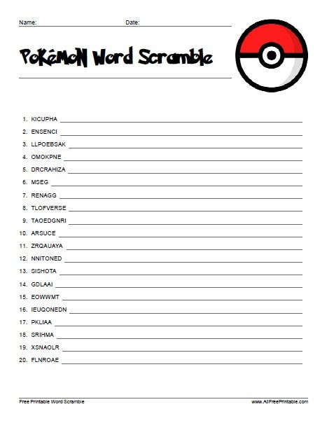 Pokemon Word Scramble Free Printable