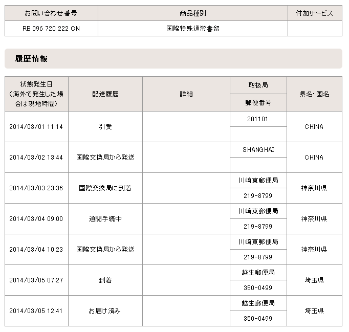 中国発送書留検索 中国郵政検索で届く日数調査