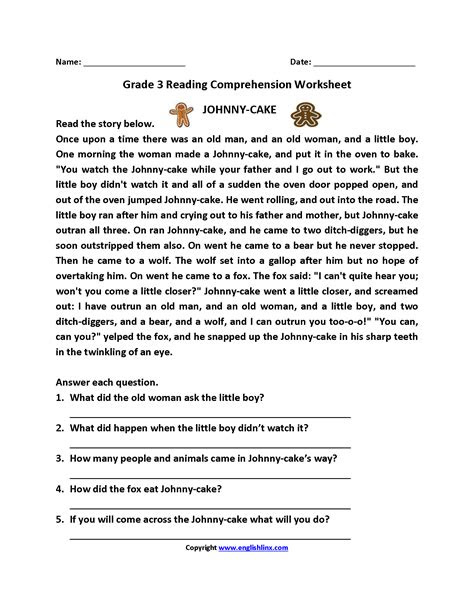  johnny cake third grade reading worksheets reading comprehension