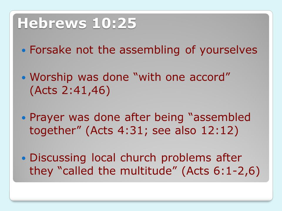 assembling yourselves together Forsake Worship 10:25 of not assembling the yourselves Hebrews was