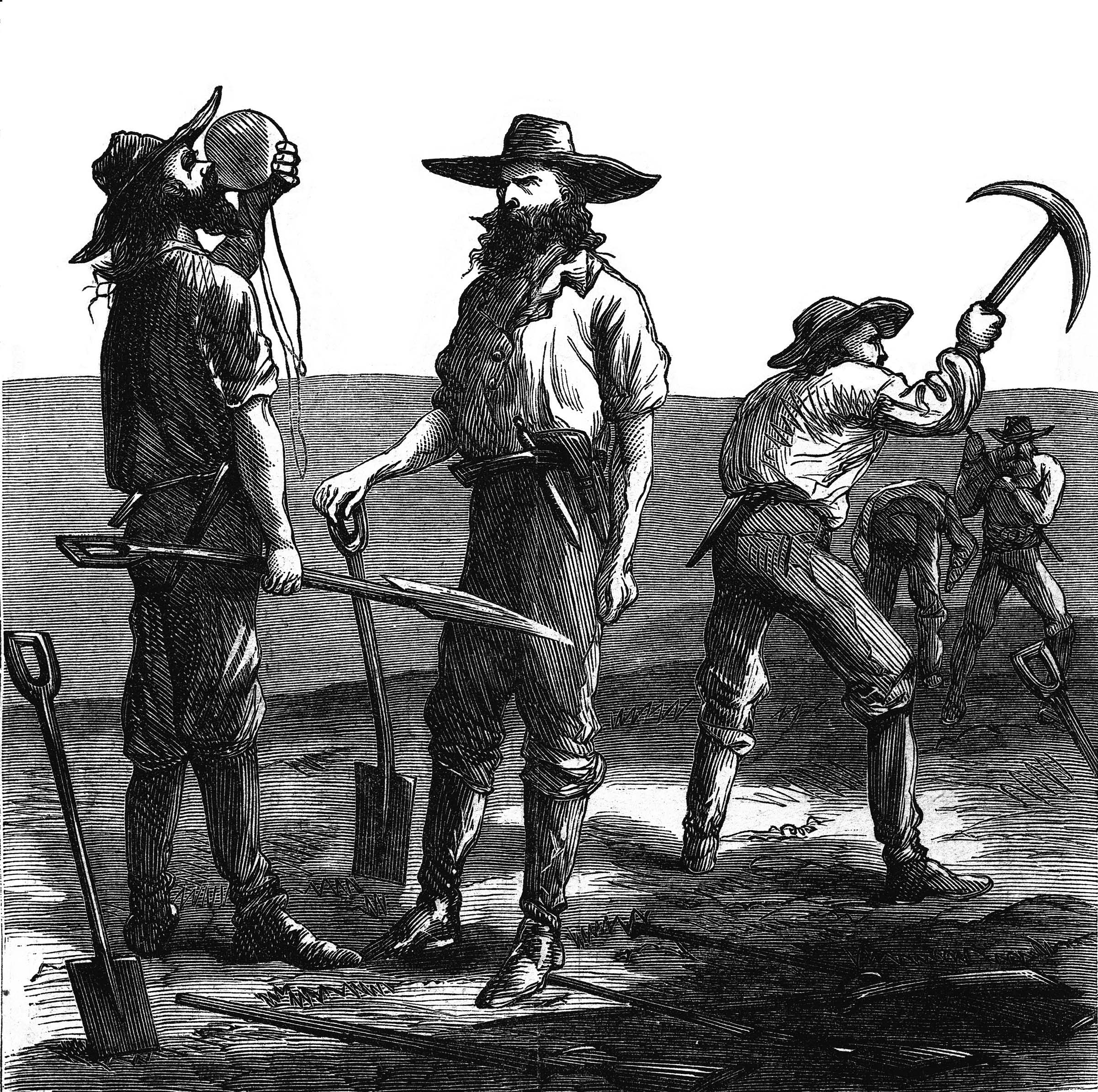 Theodore R. Davis, 'Group of Workmen on the Union Pacific Railroad,' 1867, from Harper’s Illustrated Weekly Magazine. Huntington Library, Art Collections, and Botanical Gardens.