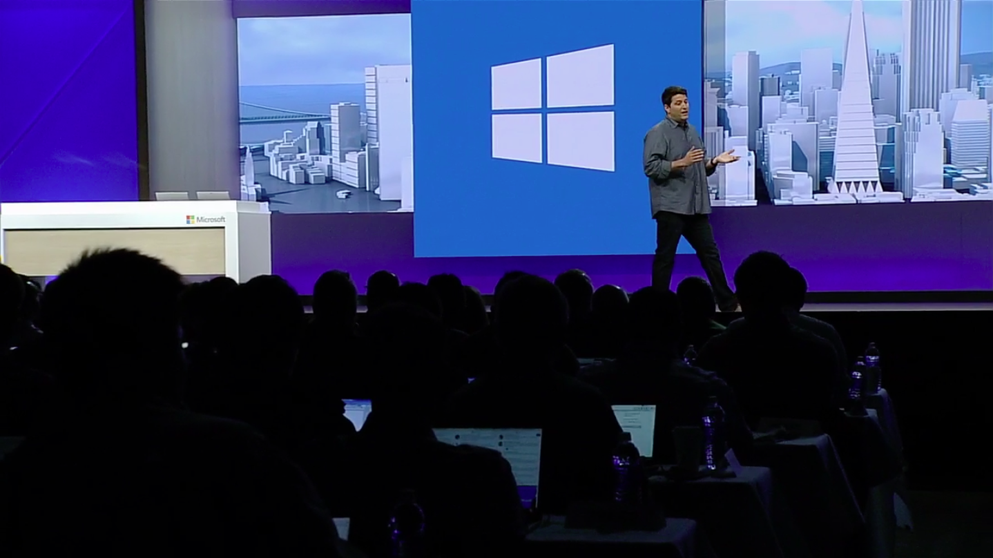 Microsoft executive vice president of the Windows and Devices Group Terry Myerson on stage at the Build 2016 developer conference in San Francisco, Calif. on March 30, 2016
