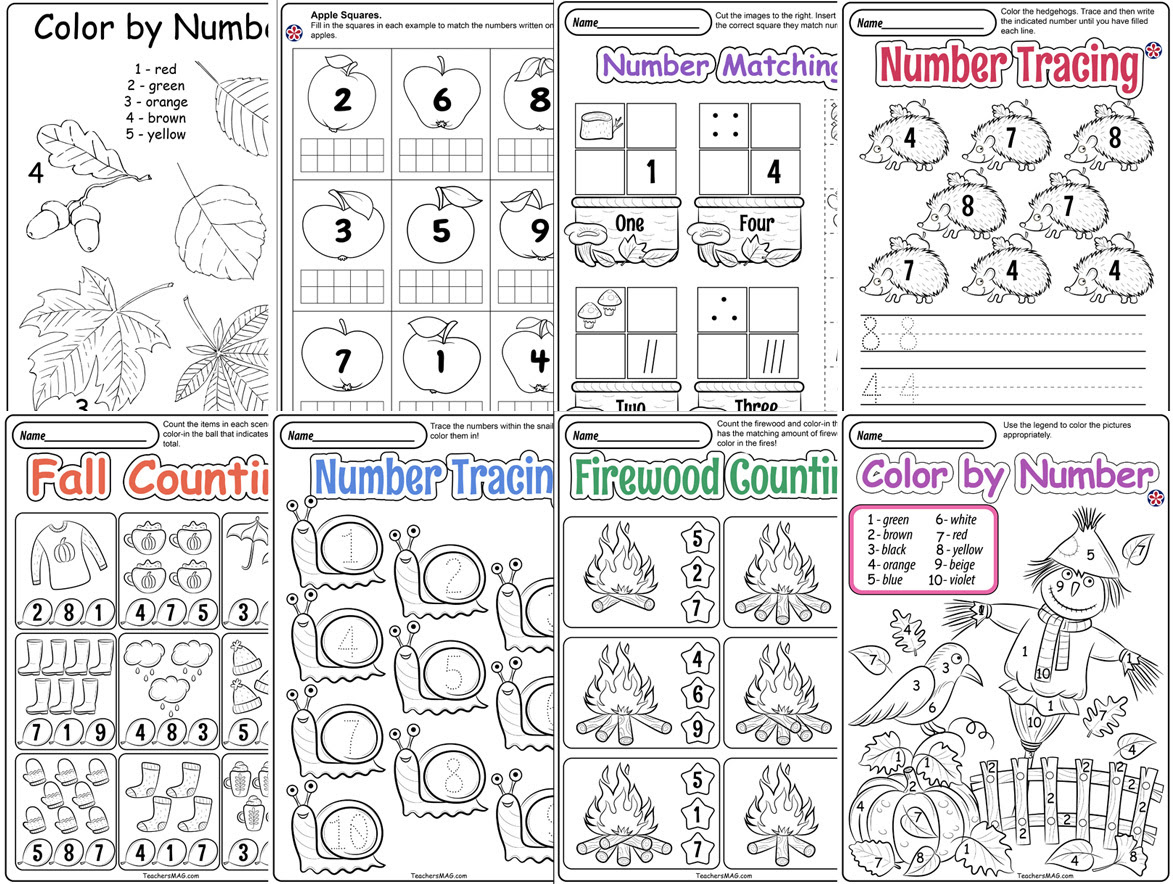 Preschool Fall-Themed Math Worksheets. TeachersMag.com