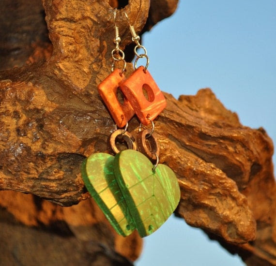 Wooden dangle earring in gorgeous greens and browns