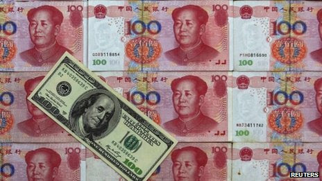 Yuan notes and 100 dollar bill 