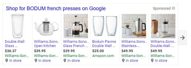 Williams-Sonoma advertising products for "Bodum French Press" keyword search results.