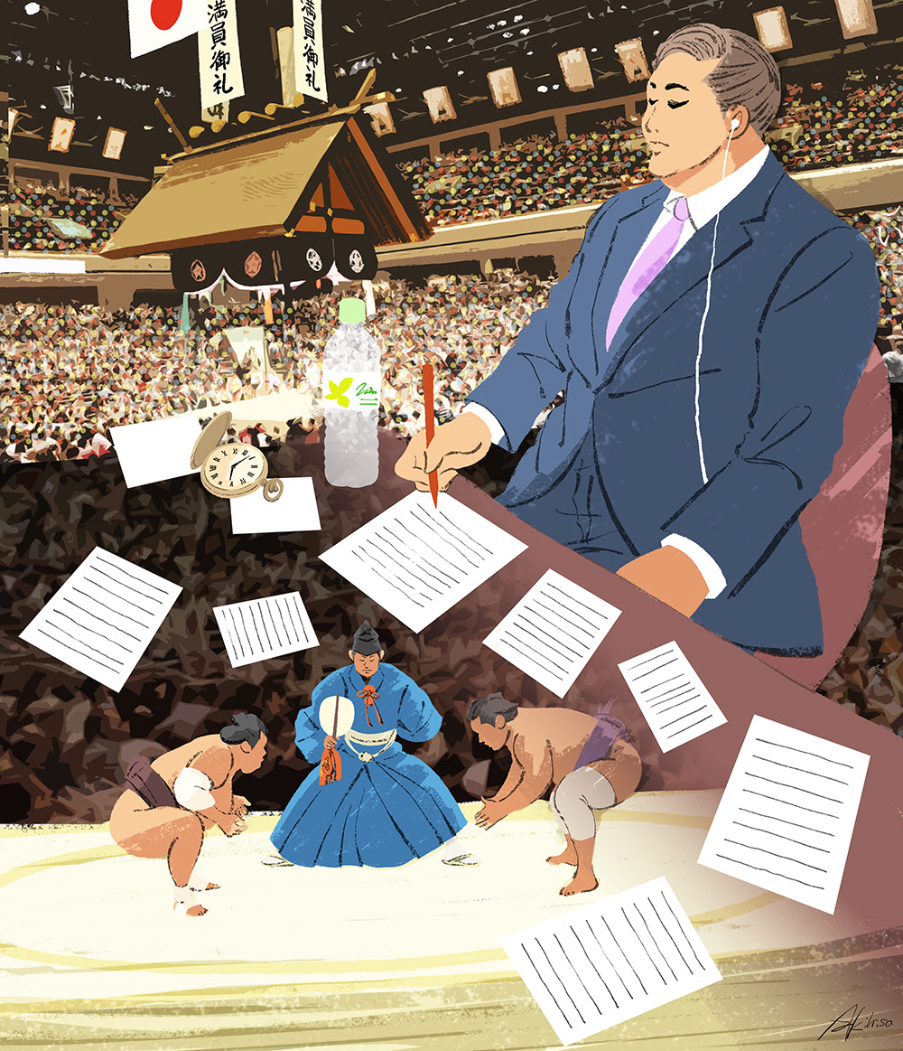荒磯親方 元横綱稀勢の里 インタビュー記事挿絵 相撲 土俵のイラスト イラストレーターakihisasawadaイラスト デザイン室