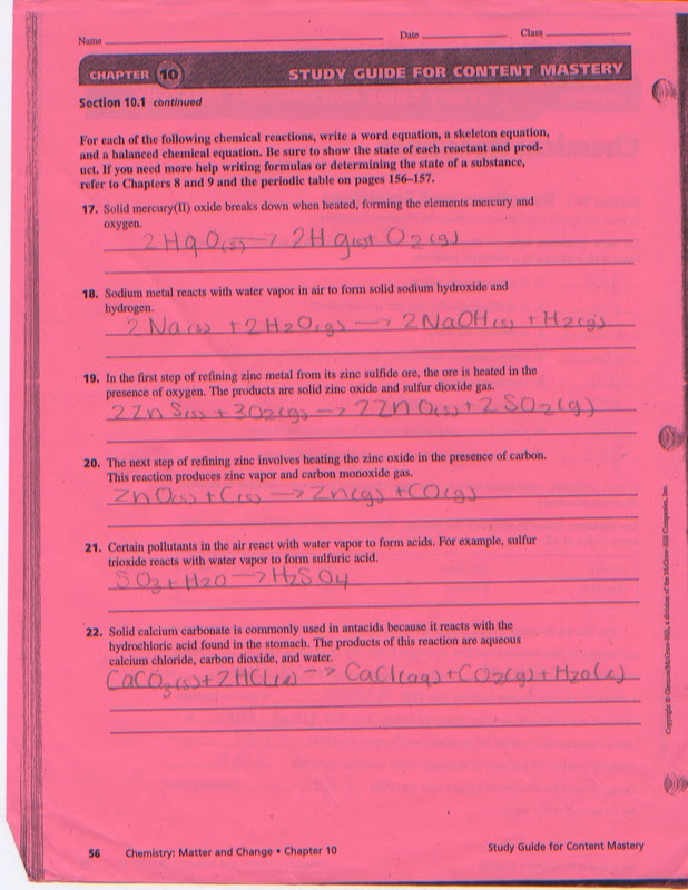 Chemical Reactions Worksheet - Erica's Chemistry Blog