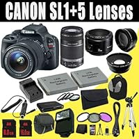 Canon EOS Rebel SL1 18.0 MP CMOS Digital SLR with 18-55mm EF-S IS STM + EF-S 55-250mm f/4.0-5.6 IS Telephoto Zoom + EF 50mm f/1.8 II SL1 Lens + LP-E12 Replacement Lithium Ion Battery + External Rapid Charger + 8GB+16GB SDHC Class 10 Memory Card + 58mm Wide Angle Lens + 58mm 2x Telephoto Lens + 58mm 3 Piece Filter Kit + 58mm Macro Close Up Kit + Mini HDMI Cable + Carrying Case + Backpack  + Full Size Tripod + External Flash + Multi Card USB Reader + Memory Card Wallet + Deluxe Starter Kit Bundle
