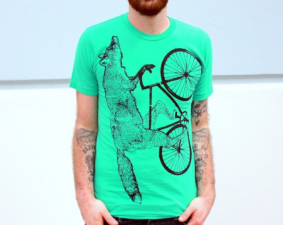 MENS BIKE Shirt Fox on a BICYCLE Mint Green Unisex  American Apparel TShirt