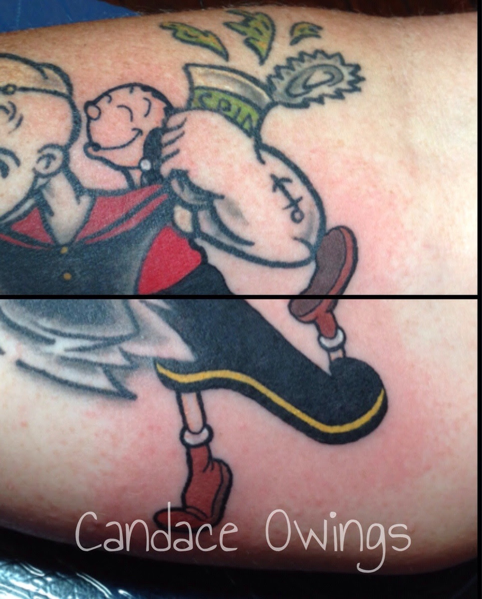 I Got To Add Olive Oil To An Existing Popeye Tattoo Today We Will Be Working On The Rest Of Her Old School Cartoon Half Sleeve Soon Tattoo