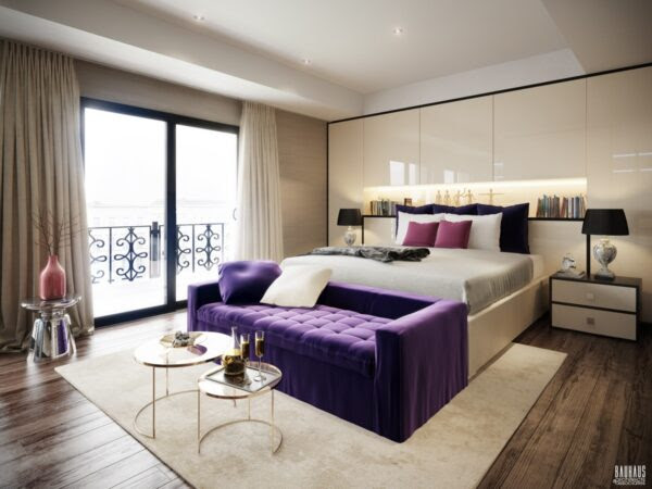 The third bedroom gets a bit more creative in terms of color. The eye cannot turn away from the luxurious purple velvet sofa at the end of the bed. Both the color and the texture are a perfect central element for a beautiful bedroom. Another soft rug and even the cool smooth glass of the brass coffee tables create a fully realized vision of touch and texture.