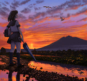 ベストコレクション 女の子 夕焼け 海 イラスト たつく