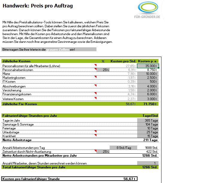 Preiskalkulation für die Selbstständigkeit - einfach mit Excel