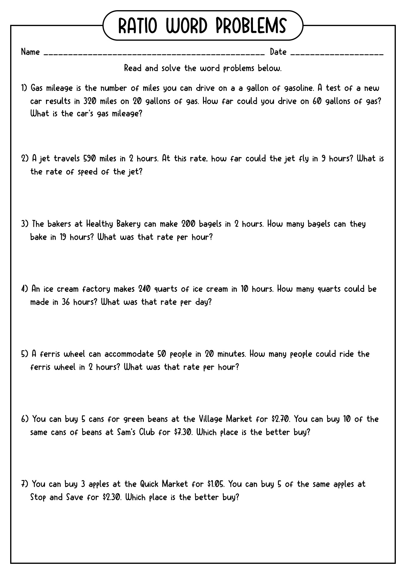 10 Best Images of Proportion Problems Worksheet  6th Grade Ratio Worksheets, Unit Rate Word 
