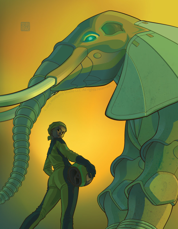 female pilot standing in front of mecha elephant