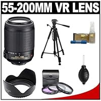 Nikon 55-200mm f/4-5.6G ED IF AF-S DX VR Telephoto Zoom Lens with Tripod + 3 UV/FLD/CPL Filters + Lens Hood & Nikon Cleaning Kit for D3100, D3200, D5100, D5200, D7000, D7100 Digital SLR Cameras