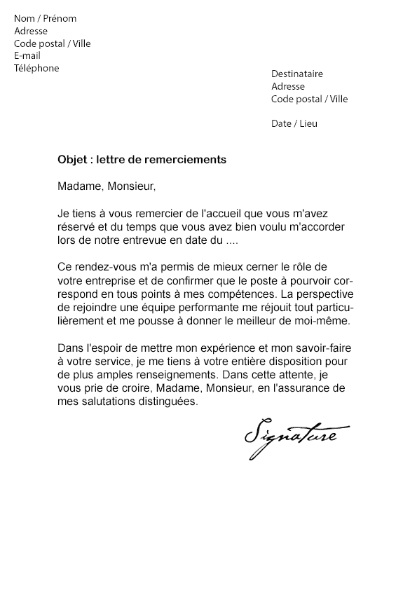 Lettre de remerciement suite à un Entretien - Modèle de Lettre