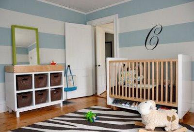 Blue And Orange Boy&#39;s Room With White And Blue Horizontal Striped