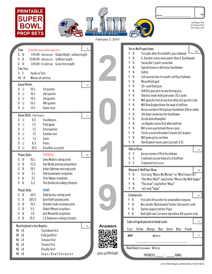 Super Bowl Betting Games Printable